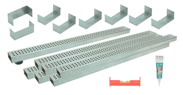 Entwässerungsrinnen Edelstahl superflach Rost Quadratlochung SET Typ 7, System 35/80